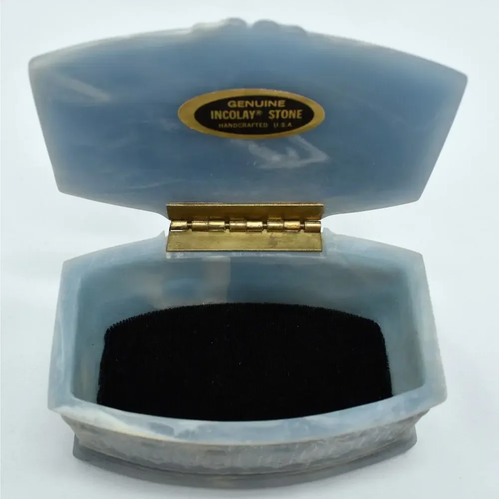 Vintage Genuine Incolay Stone Jewelry Box Blue Cream Marbled Trinket Keepsake